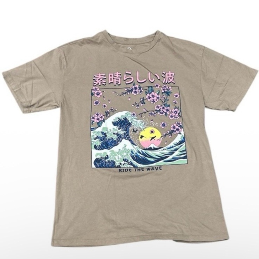 Graphic Tee with Wave and Cherry Blossom Design